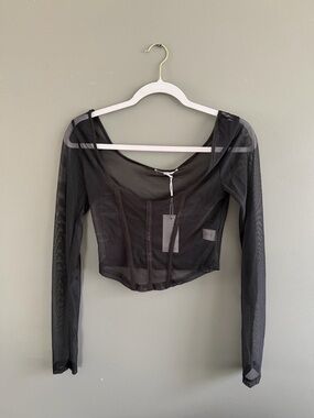 Black Sheer Mesh Long-Sleeve Crop Top